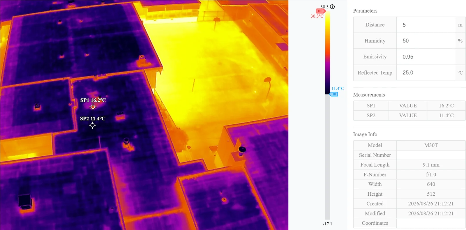 A delivered R-JPEG open in DJI Thermal Analysis Tool 3, with the temperature scale and the measurement panel showing the value at the spot.